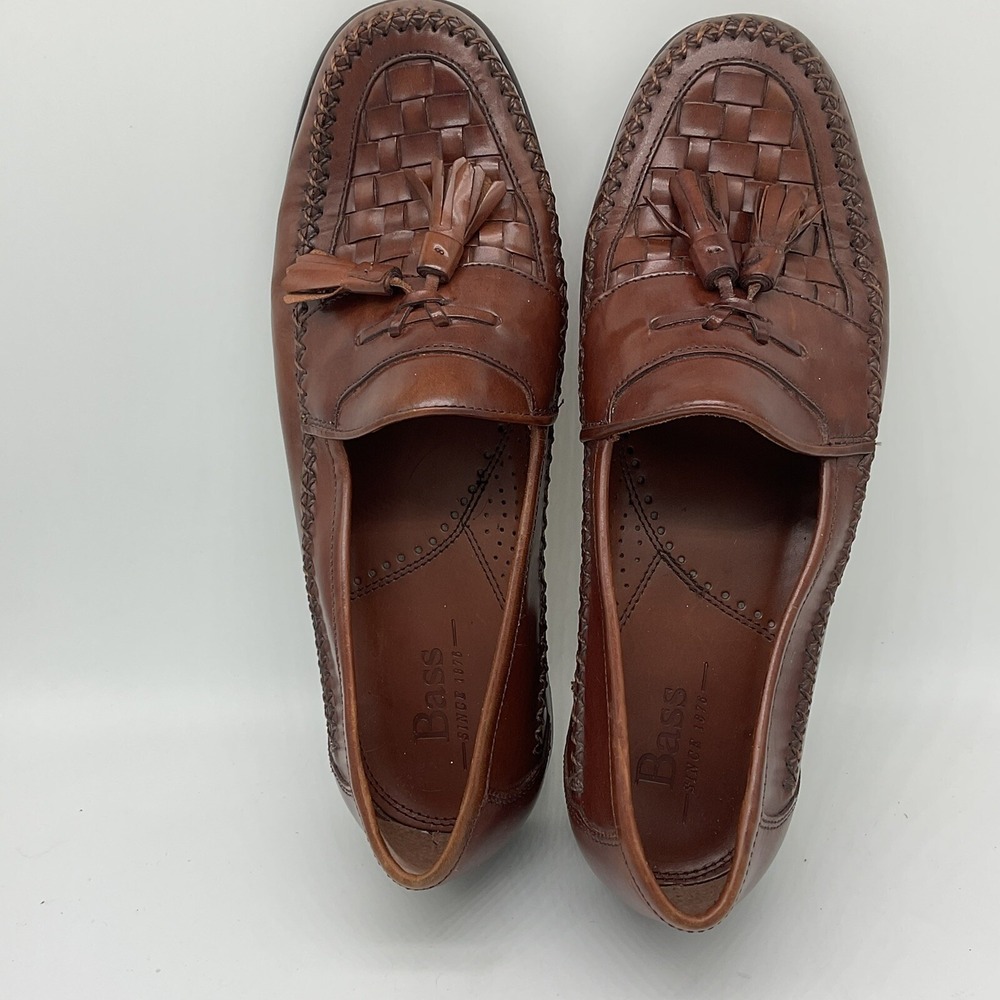 Bass Mens Bellagio Dress Loafers 10M Leather Brown Woven Tassel Slip On Shoes - Picture 9 of 13